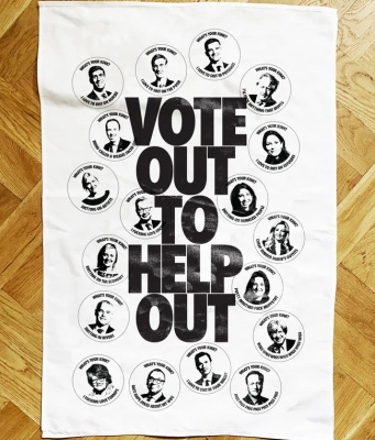 ''Vote Out to Help Out'' tea towel by GROW UP